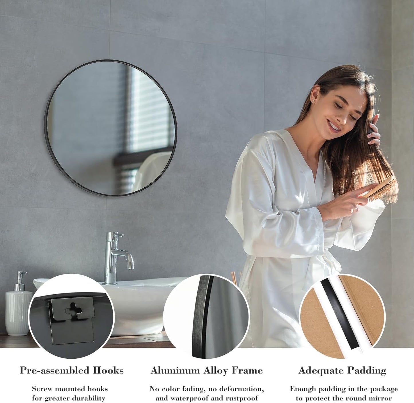 20 Inch Circular Mirror Moistureproof Rustproof Black-4