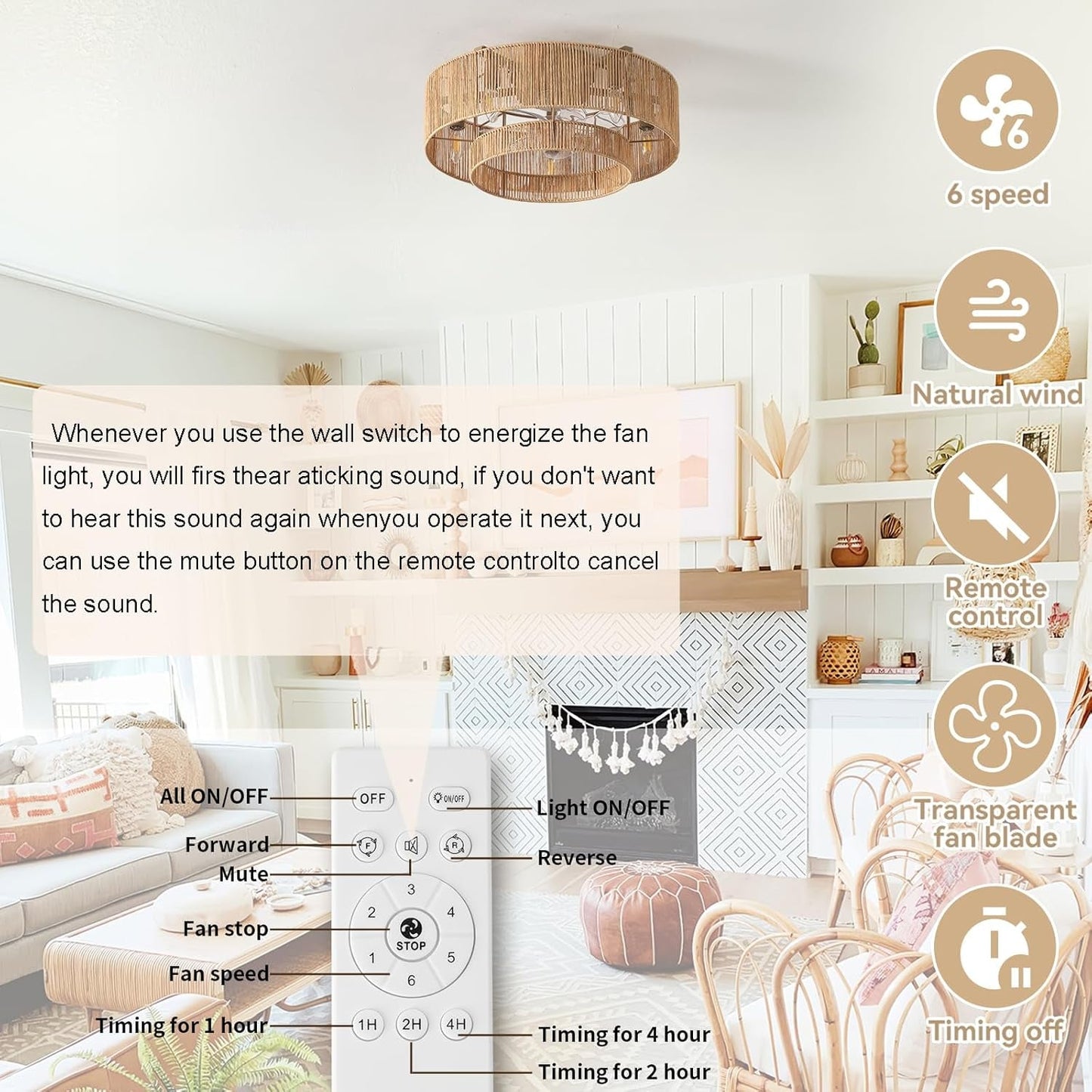 20 Inch Rattan Boho Ceiling Fan With Integrated LED Light-4