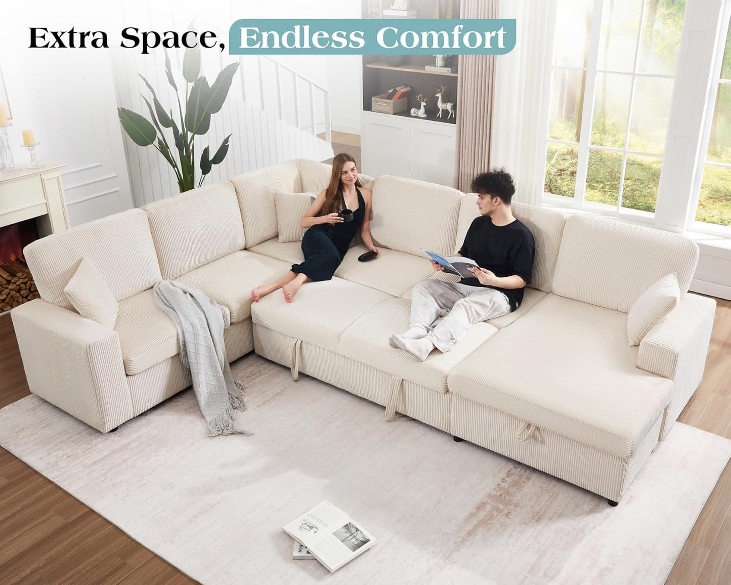 130 Inch Beige Corduroy Sectional Sofa Bed Storage Compartment-4