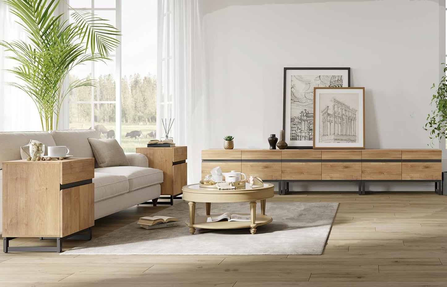 110 Inch Television Stand With Storage Cabinets Oak-4