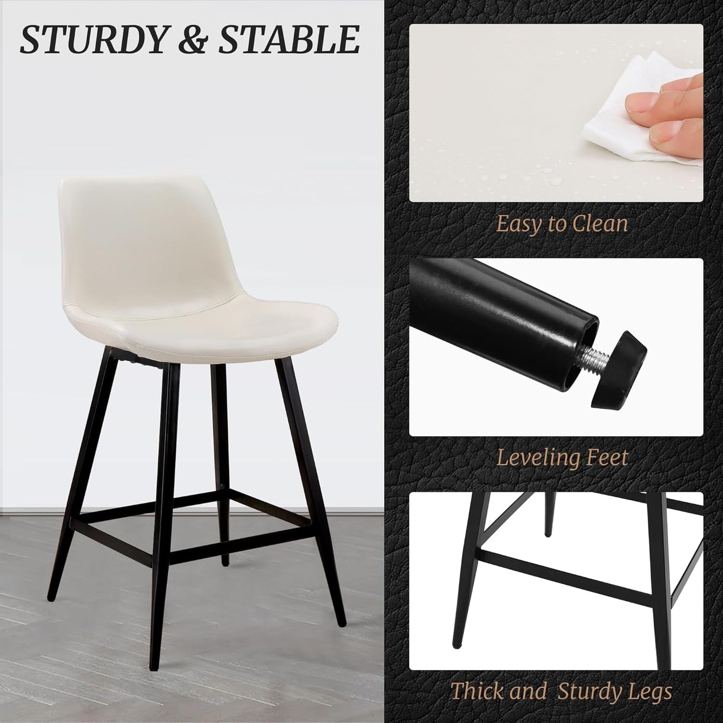 24 Inch Faux Leather Bar Stool Set of 3 With Back and Footrest, Antique White for Kitchen Island-4