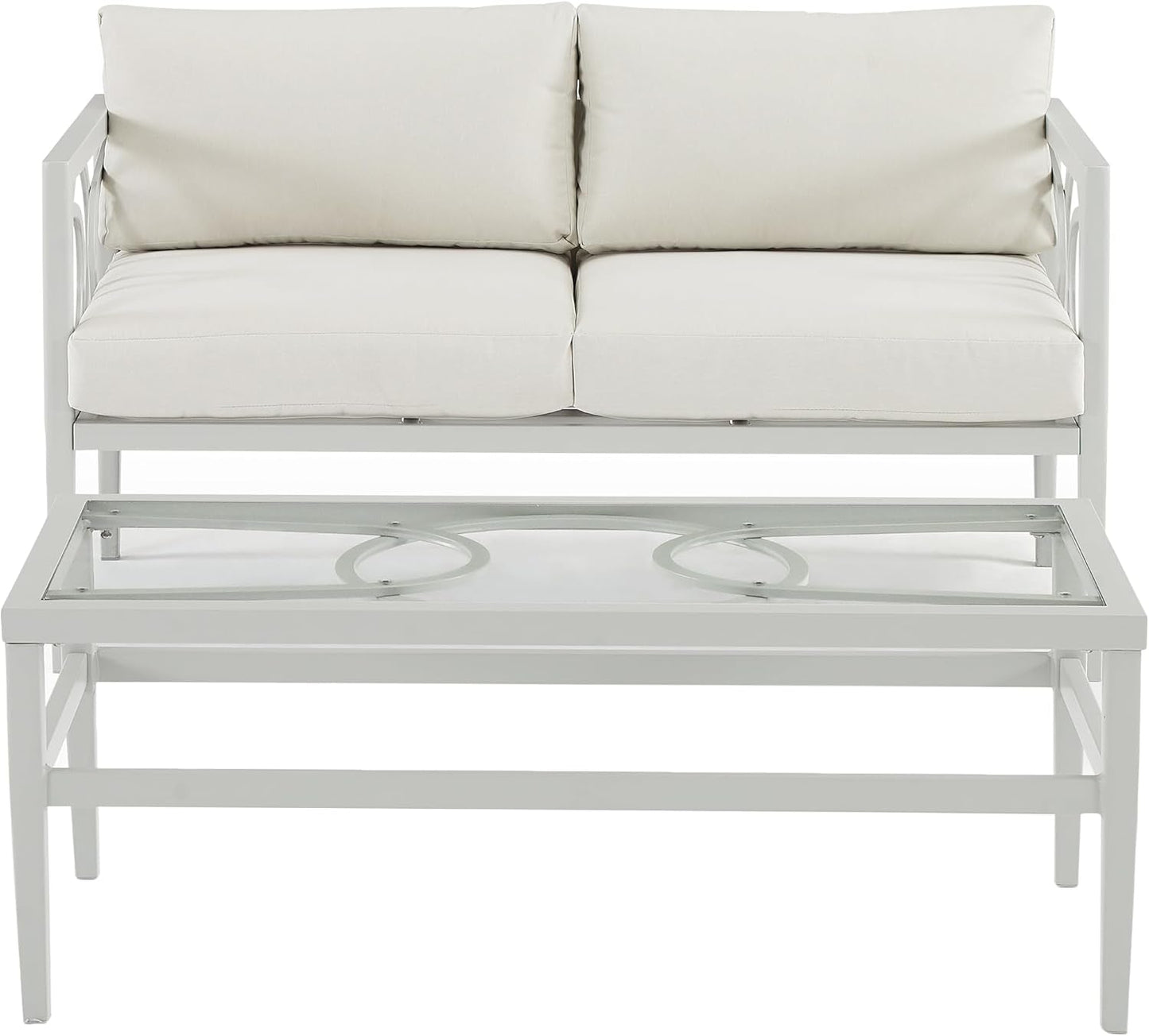 2 Piece Outdoor Coffee Table And Loveseat Set Gray Frame Creme Cushions-1