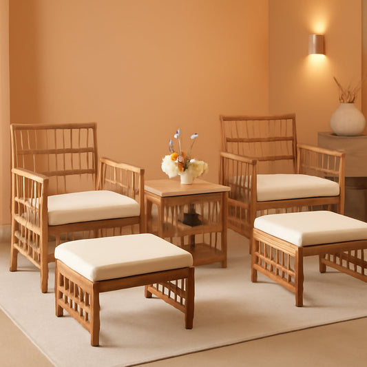 5 Piece Patio Wicker Sofa Set With Cushions Natural Finish-0