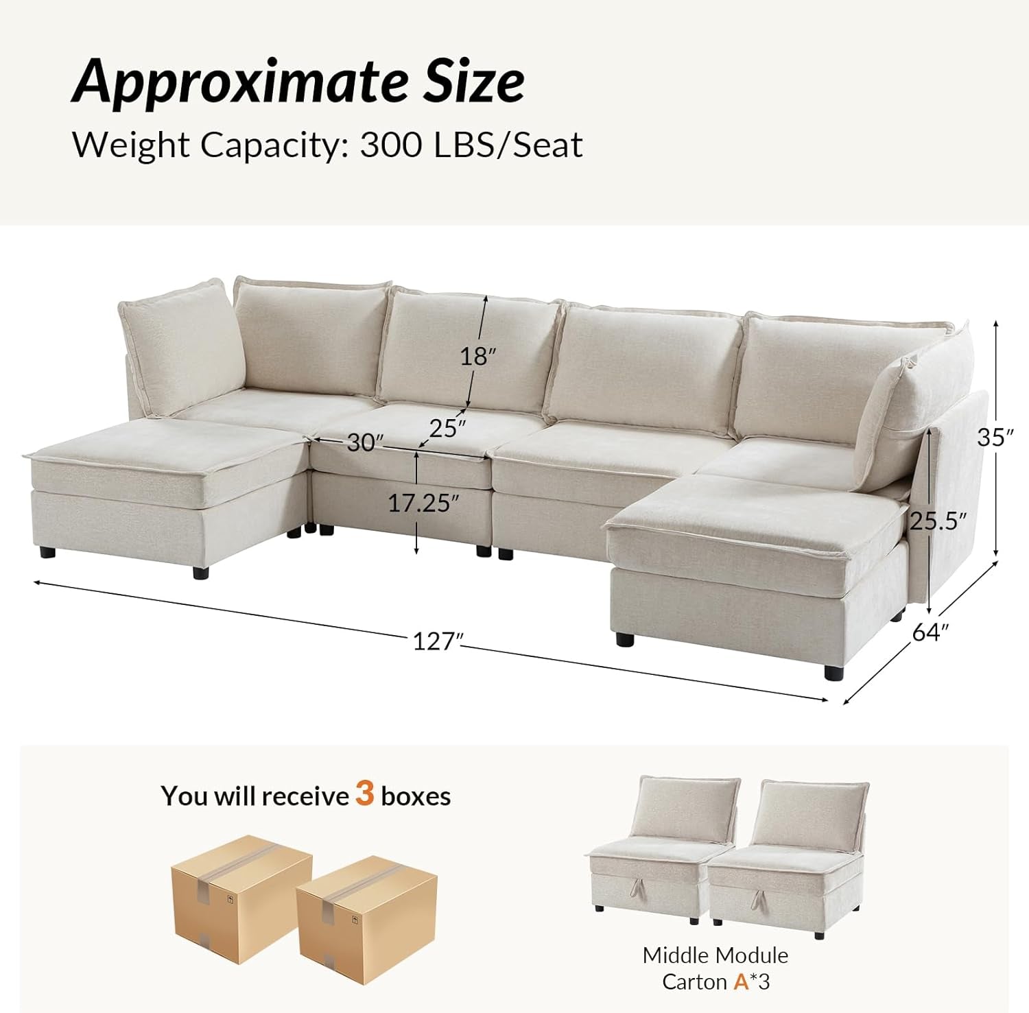 127 Inch Modular Sectional Sofa Beige with Storage Ottoman-1