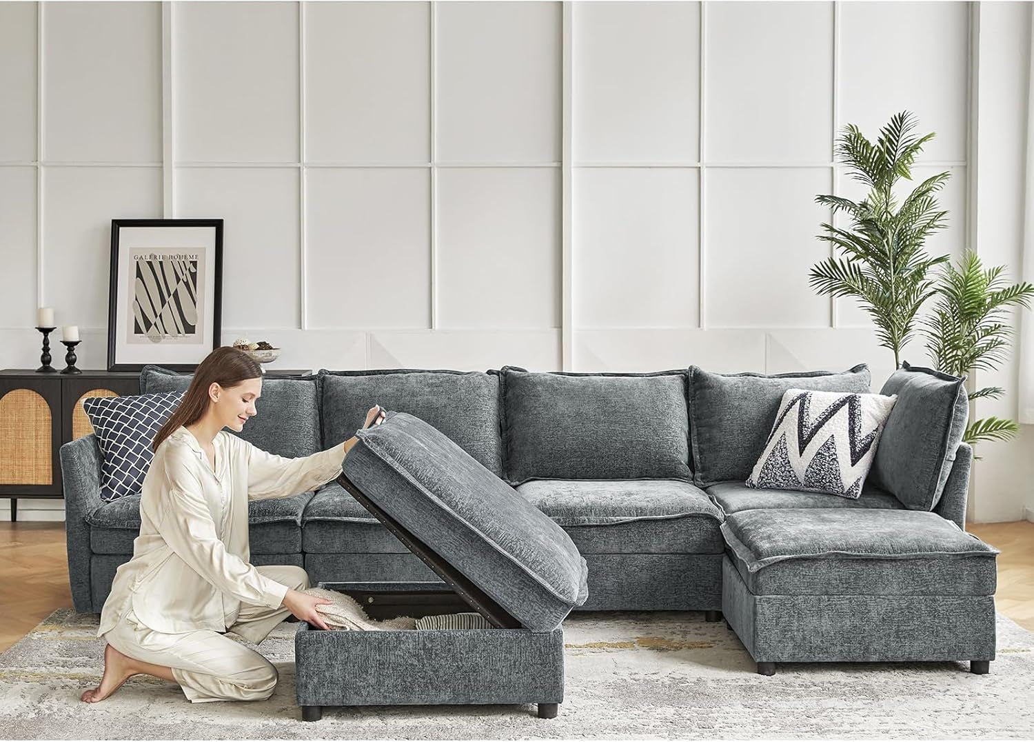 127 Inch Grey Modular Sectional Sofa With Storage Ottoman-4