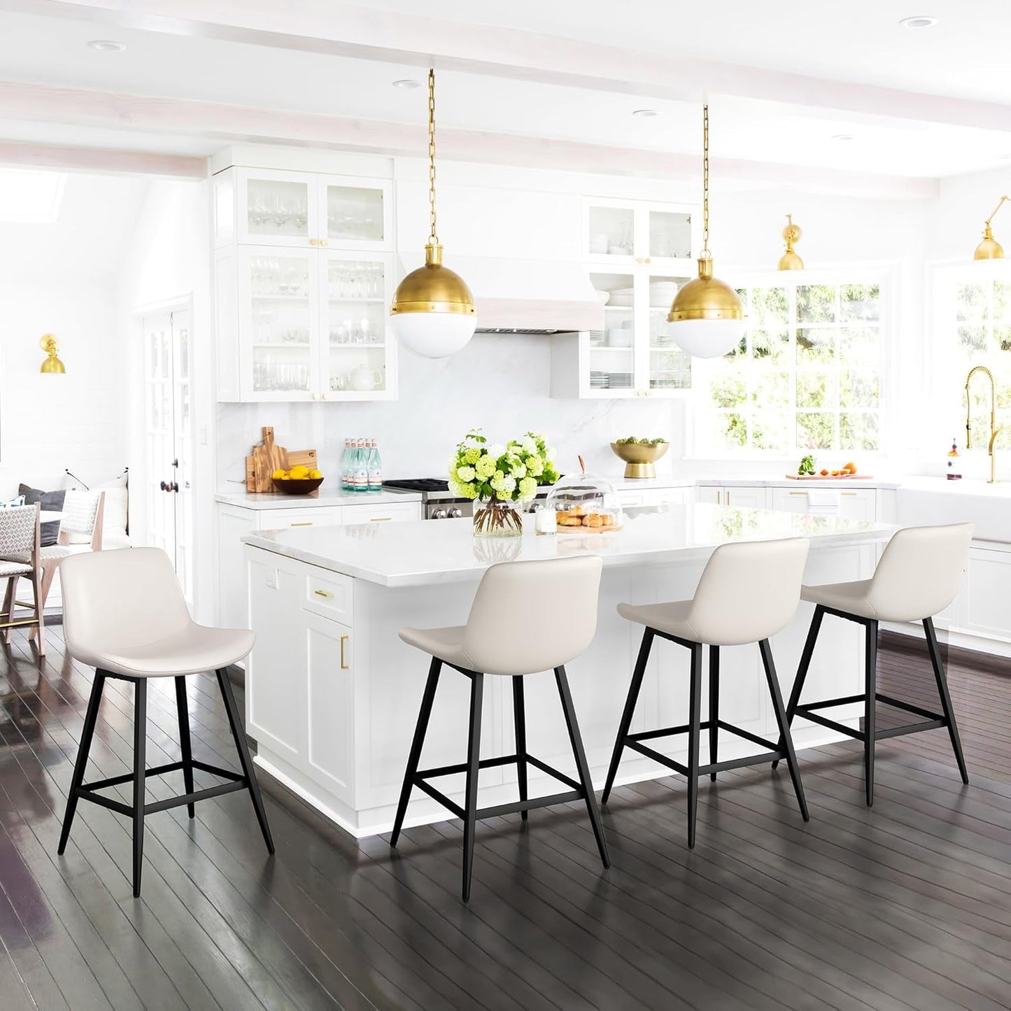 24 Inch Faux Leather Bar Stool Set of 3 With Back and Footrest, Antique White for Kitchen Island-2