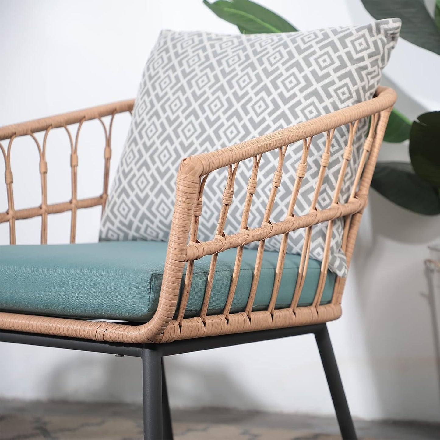 3 Piece Outdoor Patio Furniture Set With Conversation Bistro Tempered Coffee Table And Green Wicker Chairs-3