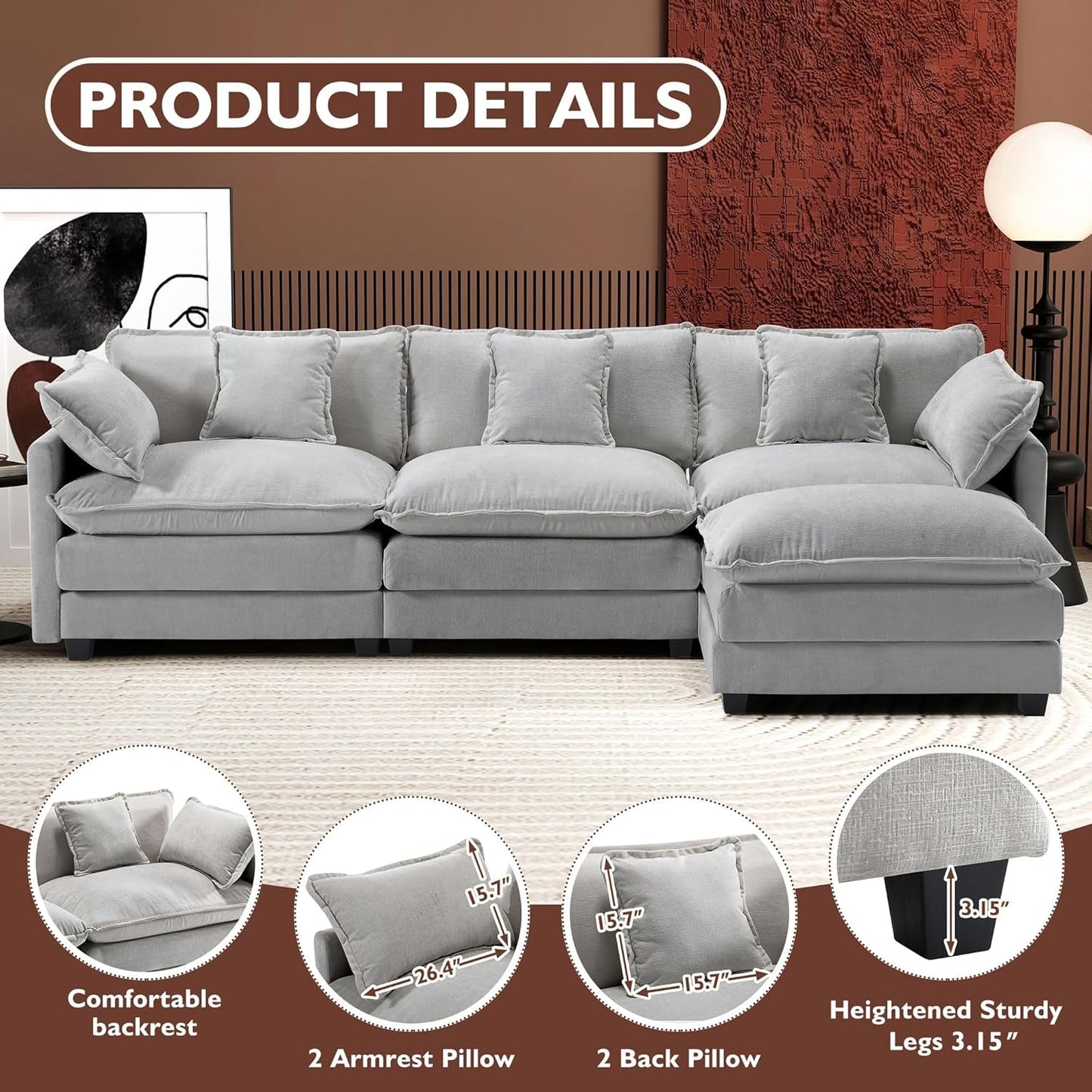111 Inch L Shaped Modern Glam Sofa Sectional With Ottoman Cloud Foam Cushions Grey Chenille-3