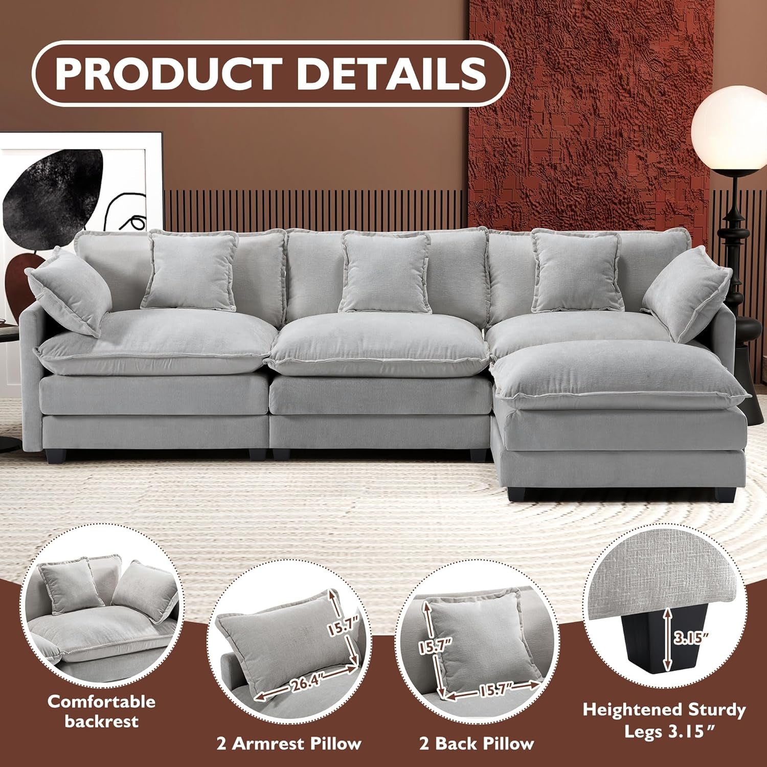 111 Inch L Shaped Modern Glam Sofa Sectional With Ottoman Cloud Foam Cushions Grey Chenille-3