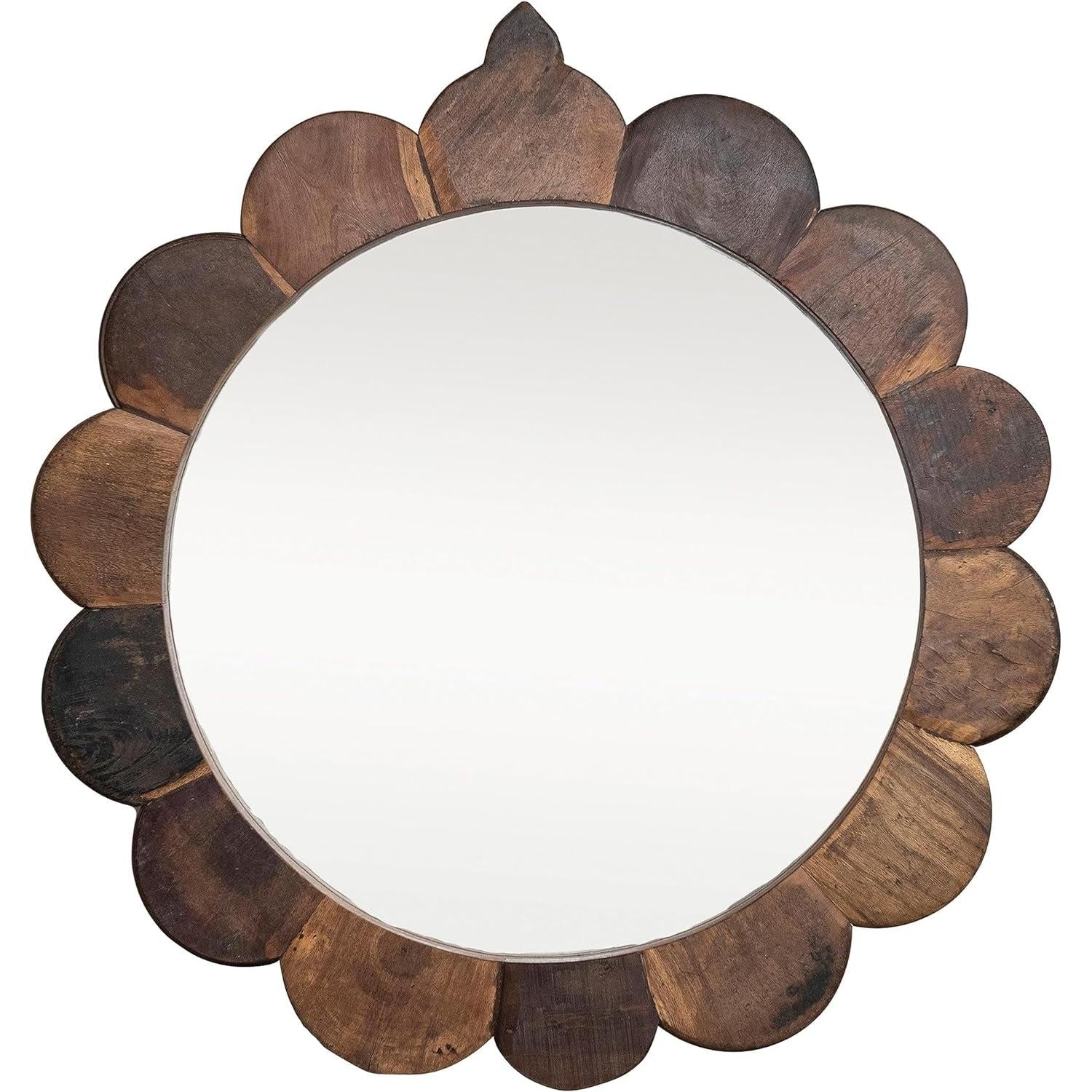 35 Inch Round Scalloped Wall Mirror With Reclaimed Wood-1