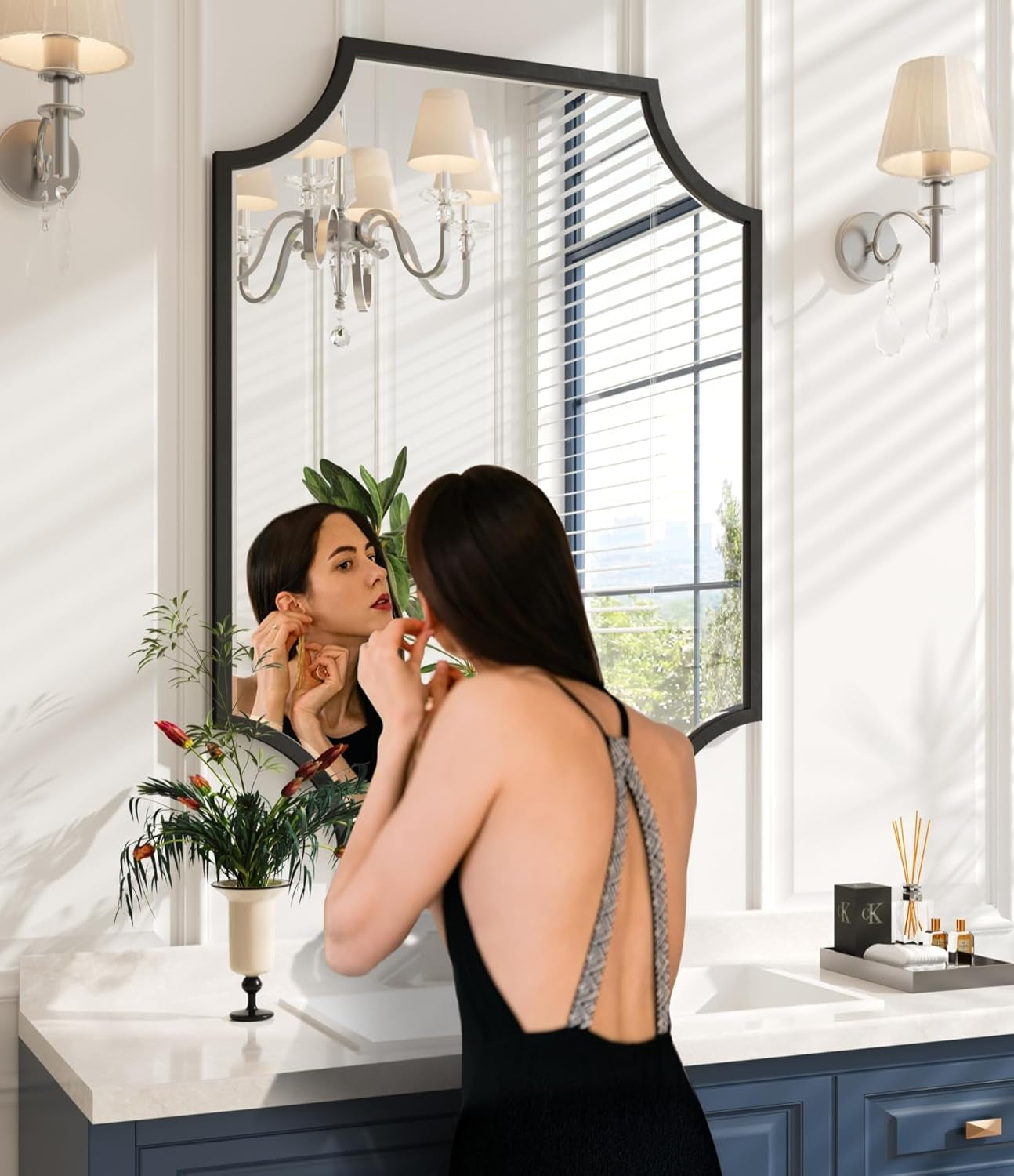 30x40 Black Bathroom Mirror With Gold Scalloped Frame-2