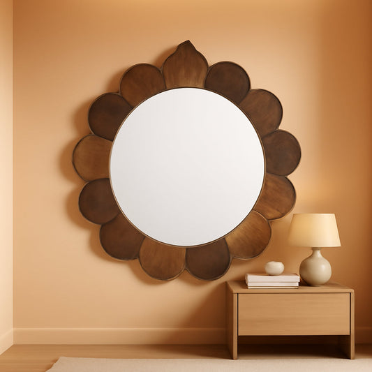 35 Inch Round Scalloped Wall Mirror With Reclaimed Wood-0