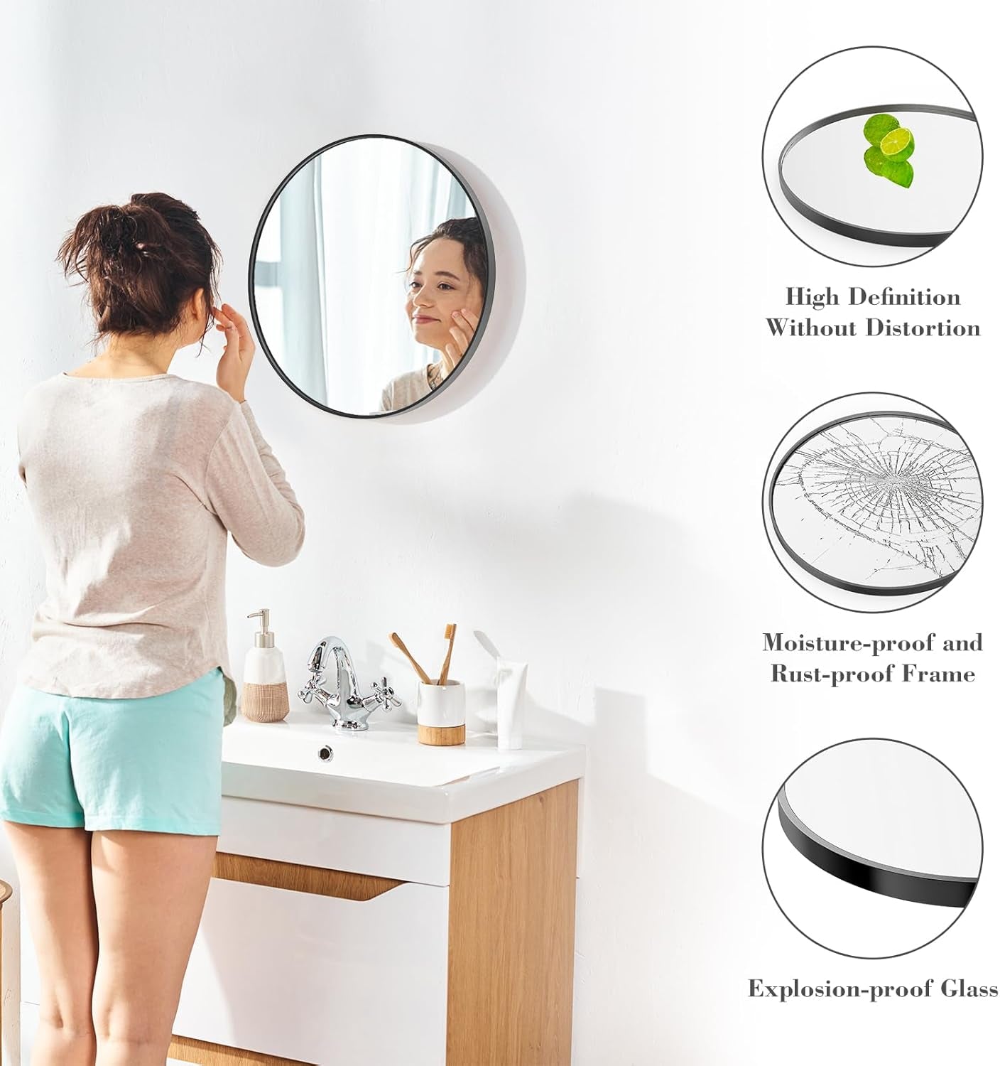 20 Inch Circular Mirror Moistureproof Rustproof Black-3