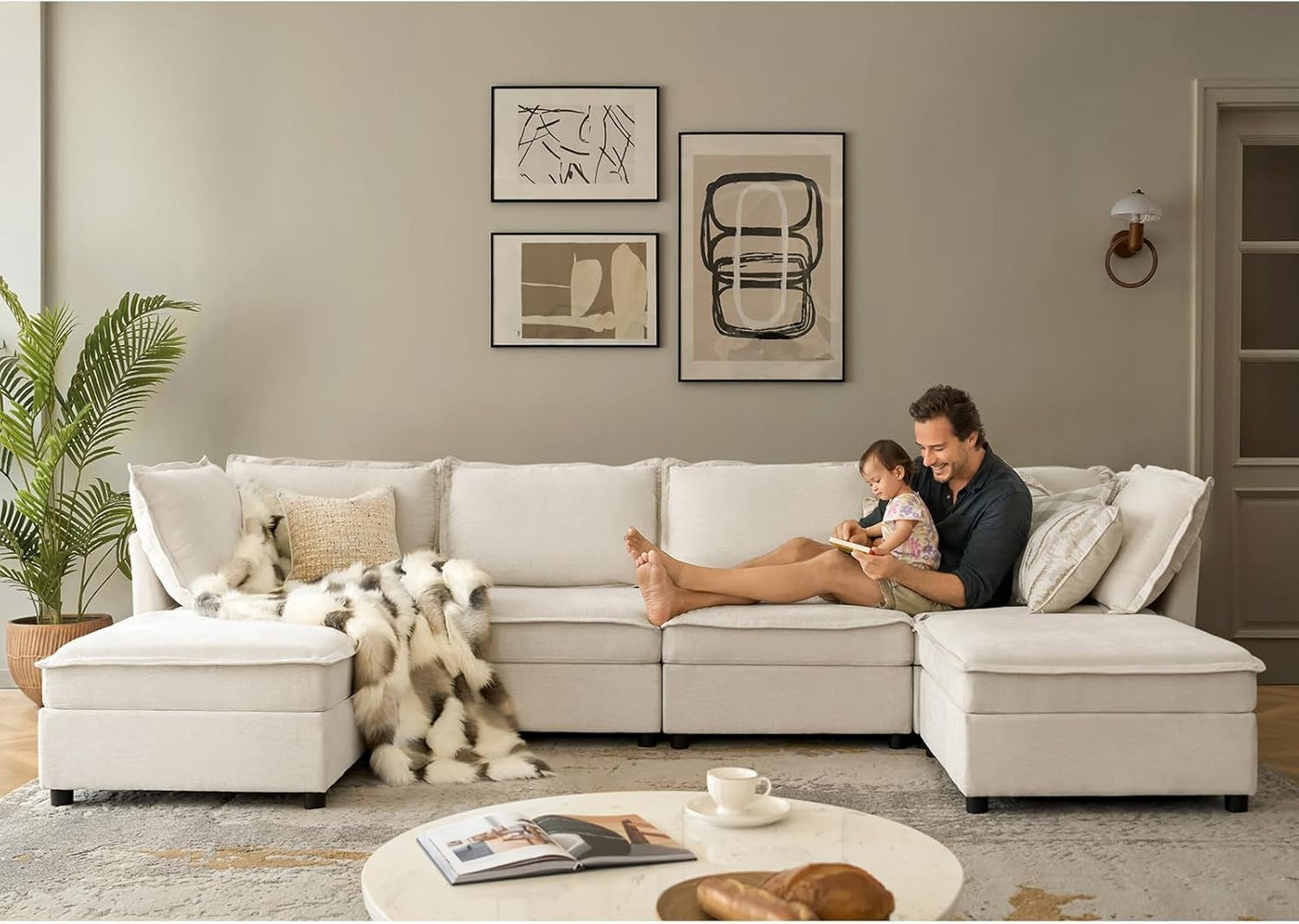 127 Inch Modular Sectional Sofa Beige with Storage Ottoman-3