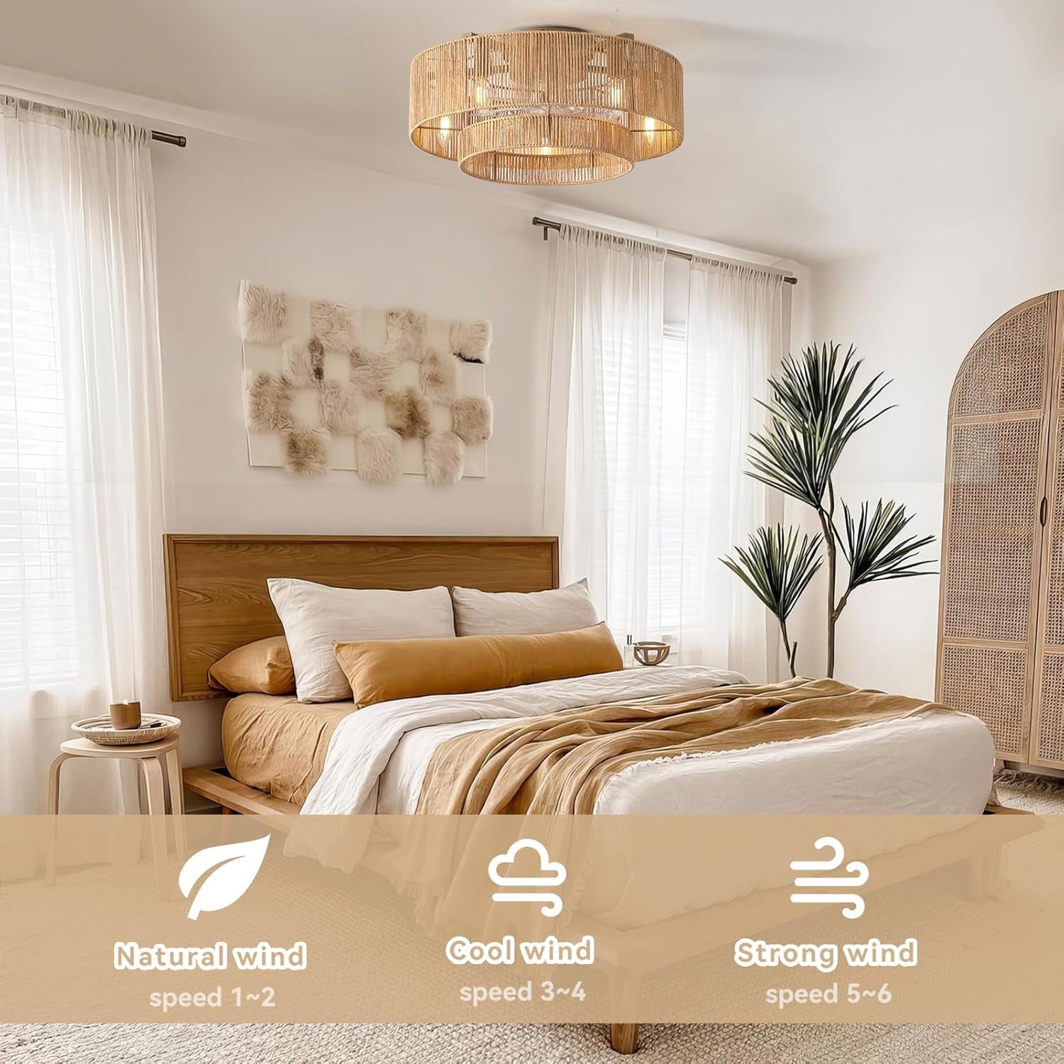 20 Inch Rattan Boho Ceiling Fan With Integrated LED Light-1