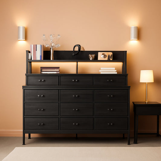 51.2 Inch Wide Black Dresser With 13 Drawers And LED Lights-0