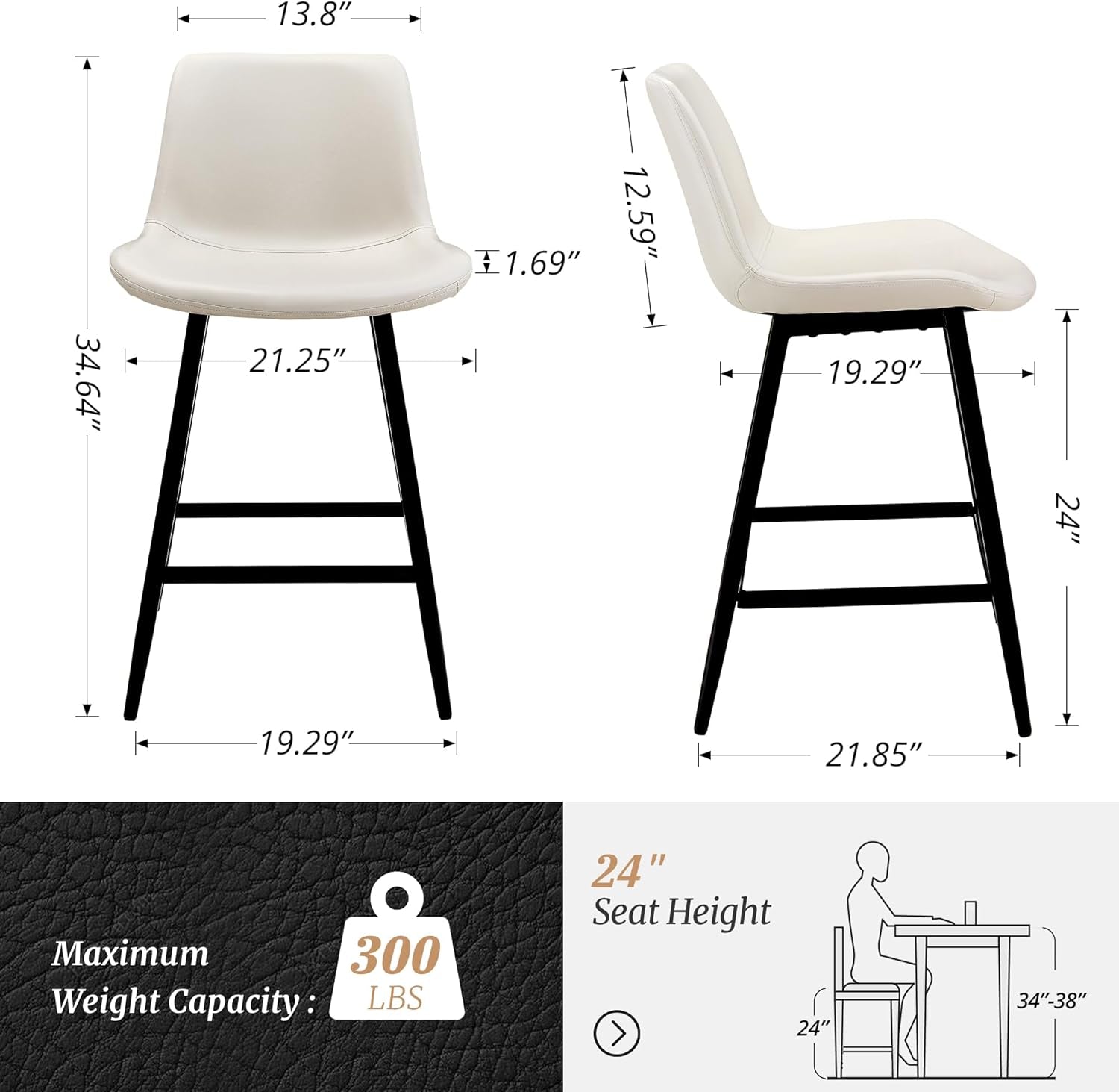 24 Inch Faux Leather Bar Stool Set of 3 With Back and Footrest, Antique White for Kitchen Island-1
