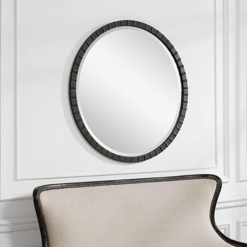 34 Inch Round Industrial Mirror Wall Mounted Matte Black Silver Finish-1