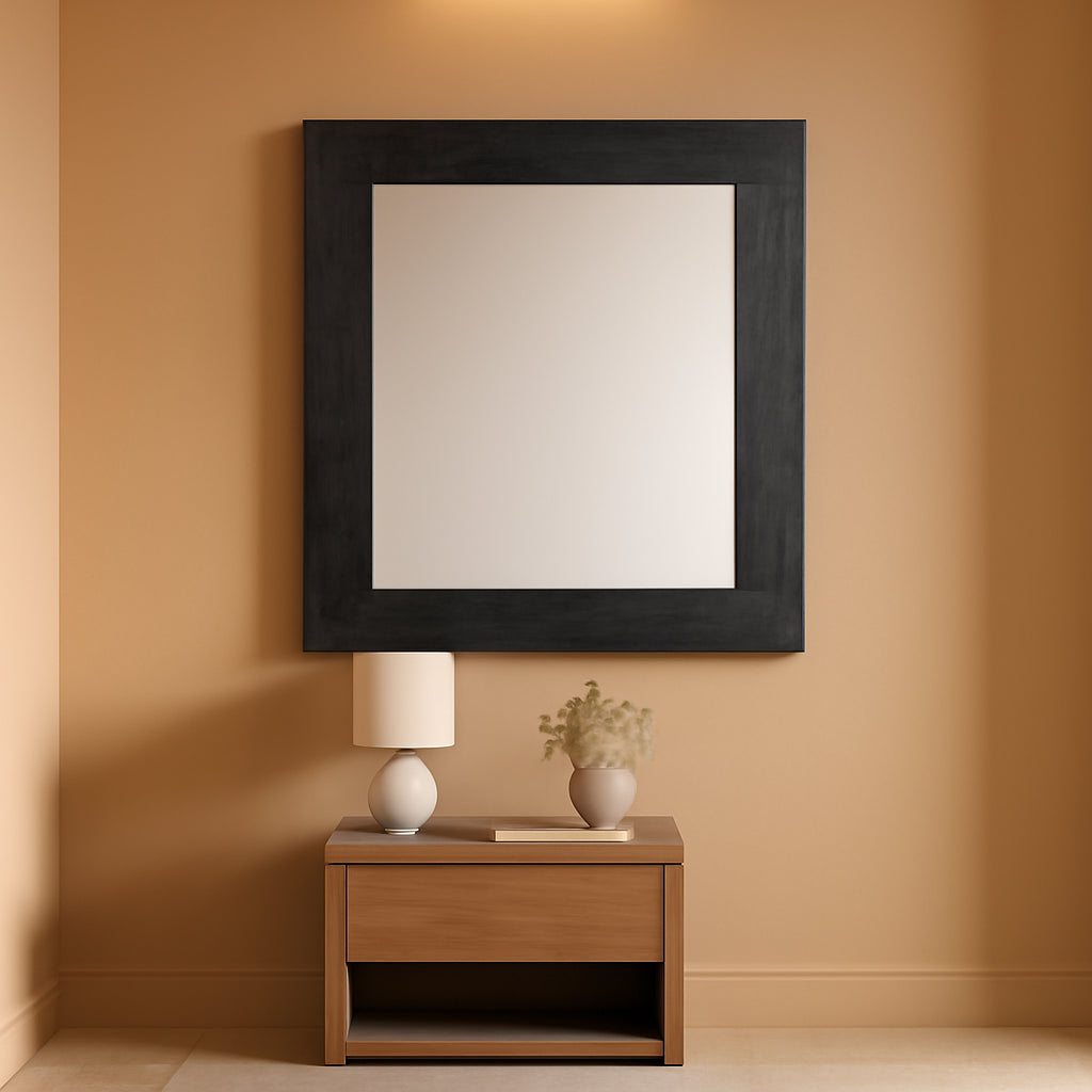 24x18 Inch Rectangle Black Wood Frame Wall Mirror With Attached Hanging Brackets Rustic Decor-0