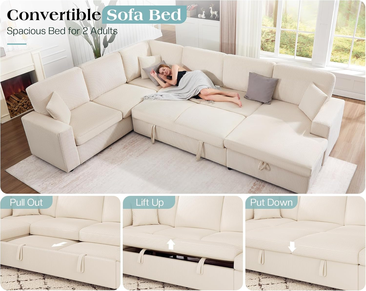 130 Inch Beige Corduroy Sectional Sofa Bed Storage Compartment-3