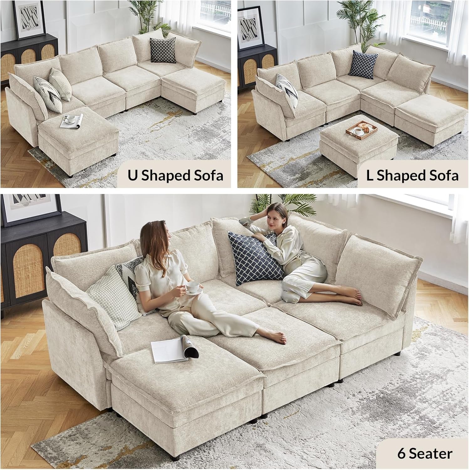 127 Inch Modular Sectional Sofa Beige with Storage Ottoman-2