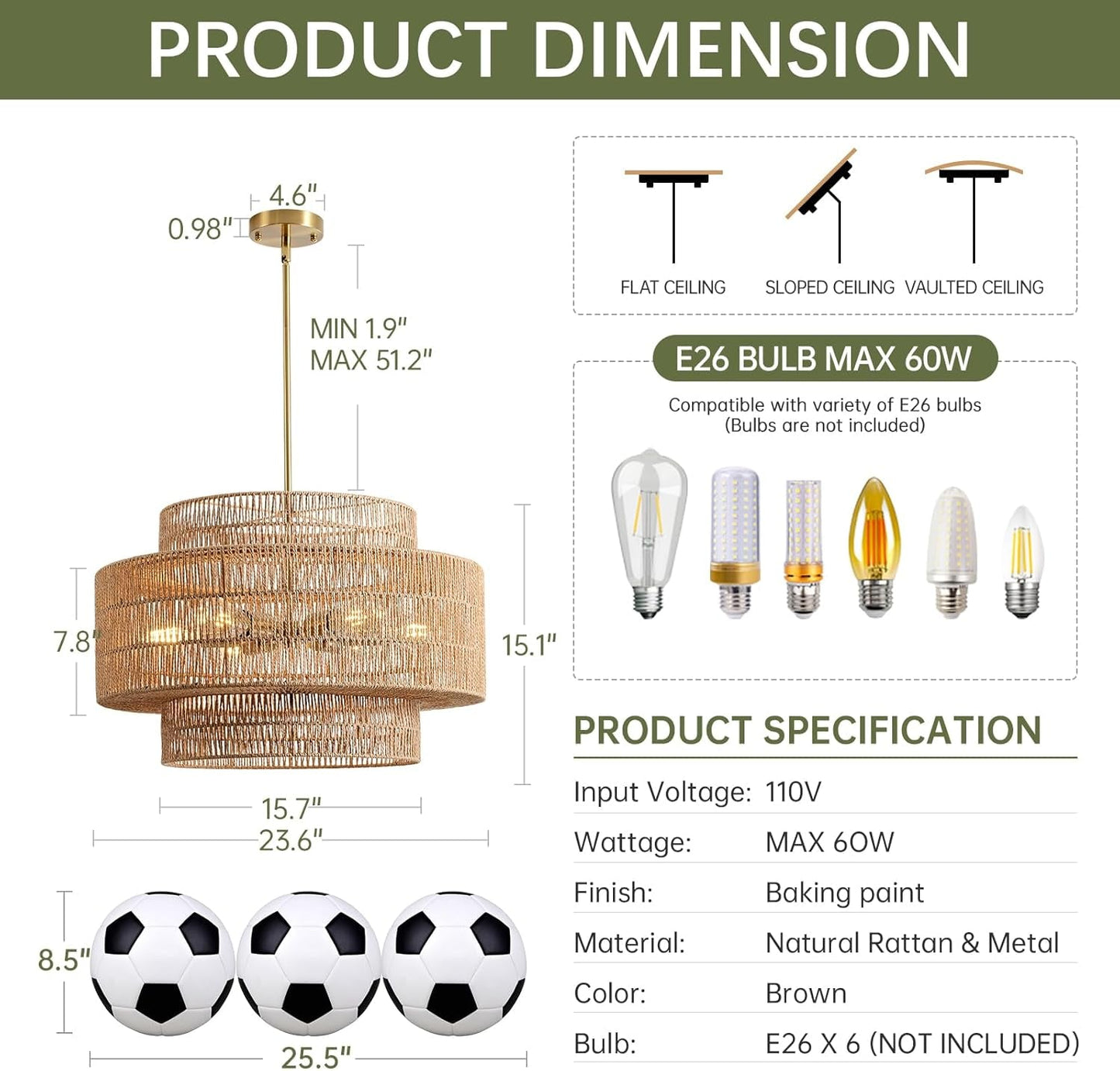 24 Inch Bohemian Handwoven Rattan Chandelier 6 Light-4