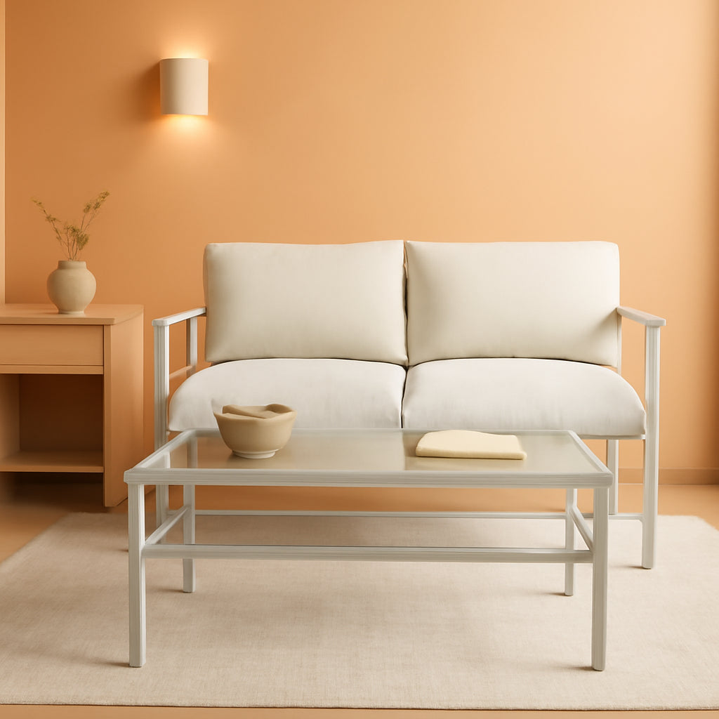 2 Piece Outdoor Coffee Table And Loveseat Set Gray Frame Creme Cushions-0