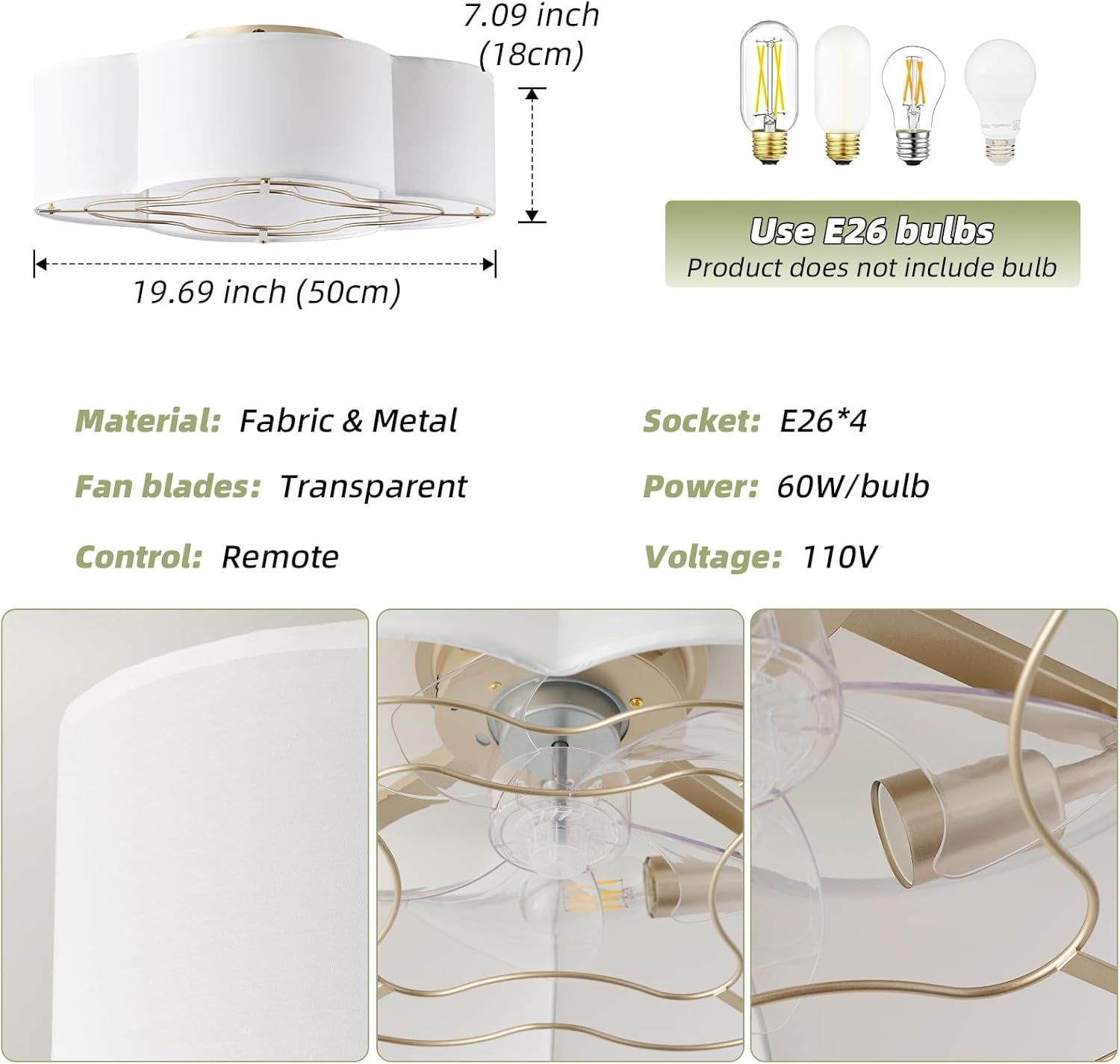 20 Inch Boho White Ceiling Fan With Light Remote Flush Mount-4