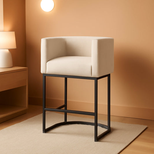 27 Inch Counter Height Bar Stool With Backrest And Armrests, Linen Upholstery, Black Metal Frame-0