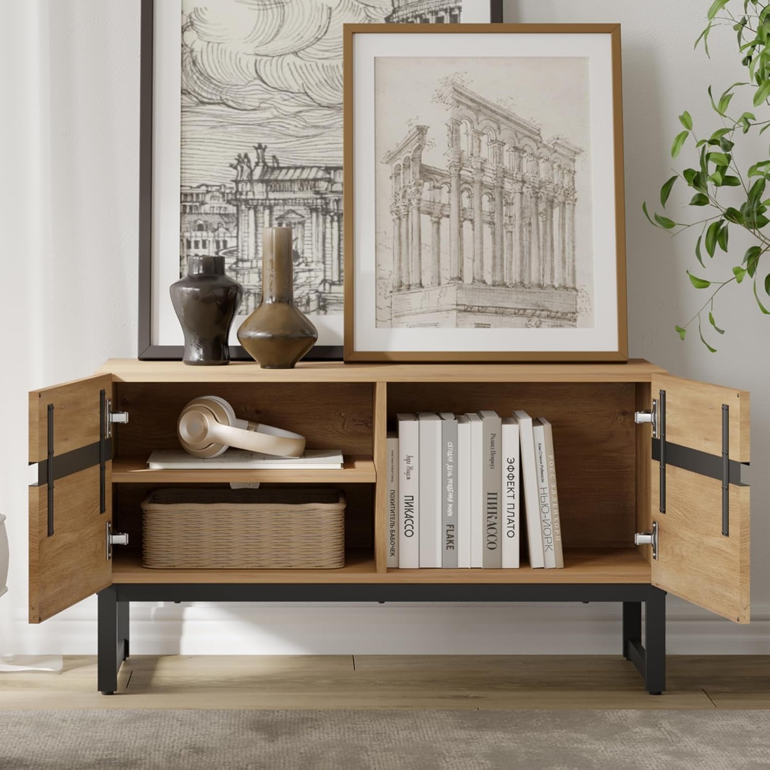 110 Inch Television Stand With Storage Cabinets Oak-3