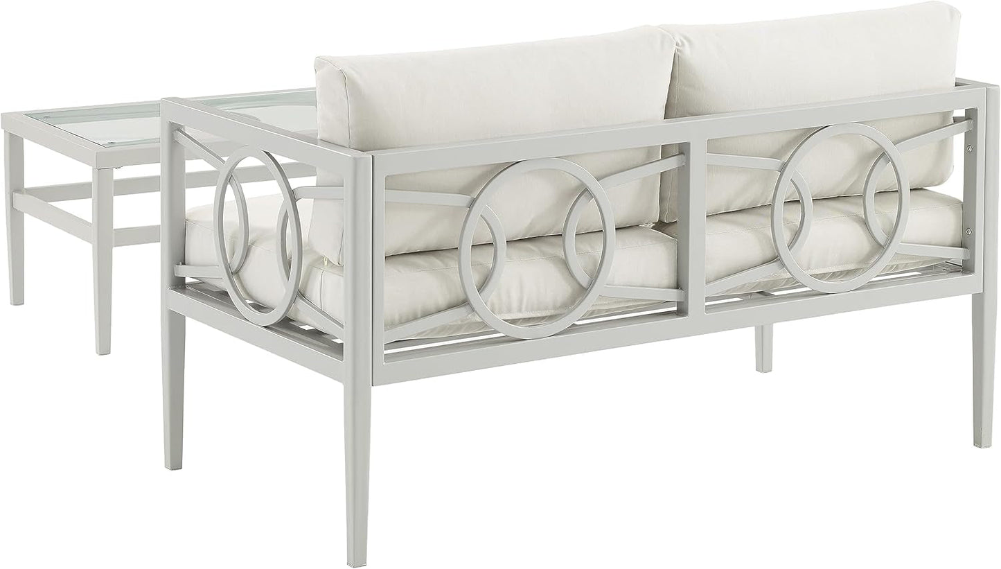 2 Piece Outdoor Coffee Table And Loveseat Set Gray Frame Creme Cushions-2