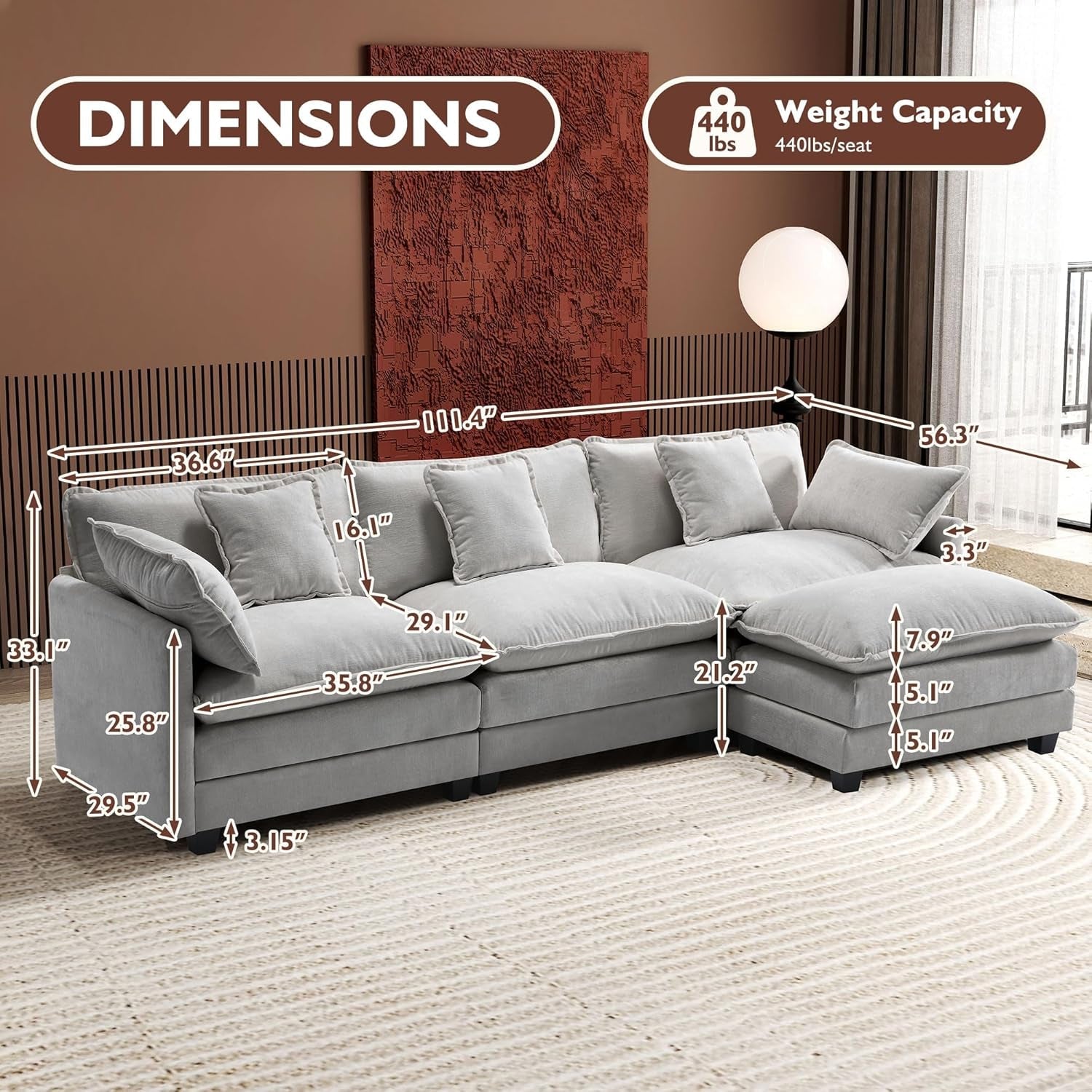 111 Inch L Shaped Modern Glam Sofa Sectional With Ottoman Cloud Foam Cushions Grey Chenille-1