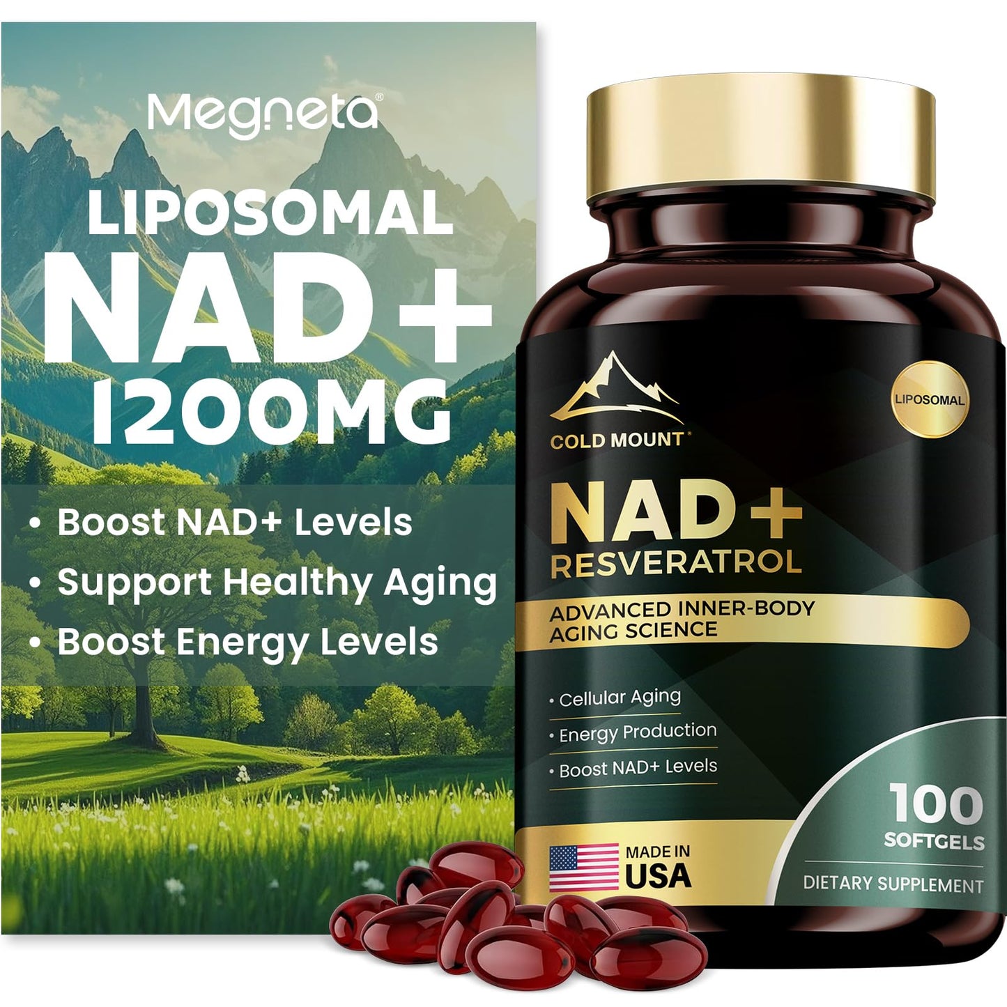MEGNETA Liposomal NAD+ Supplement 1200mg with Trans Resveratrol - Boost NAD+ Levels Energy & Anti-Aging Support - Vegan 100 Softgels