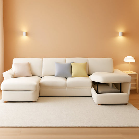 130 Inch Beige Corduroy Sectional Sofa Bed Storage Compartment-0