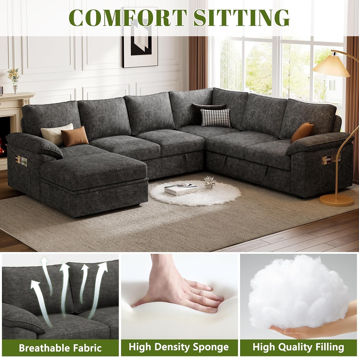 108 Inch Modular Sectional Sleeper Sofa CharcoalGrey-4