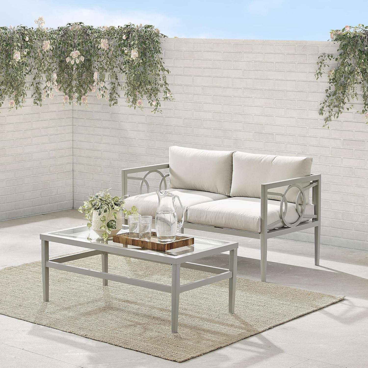 2 Piece Outdoor Coffee Table And Loveseat Set Gray Frame Creme Cushions-4