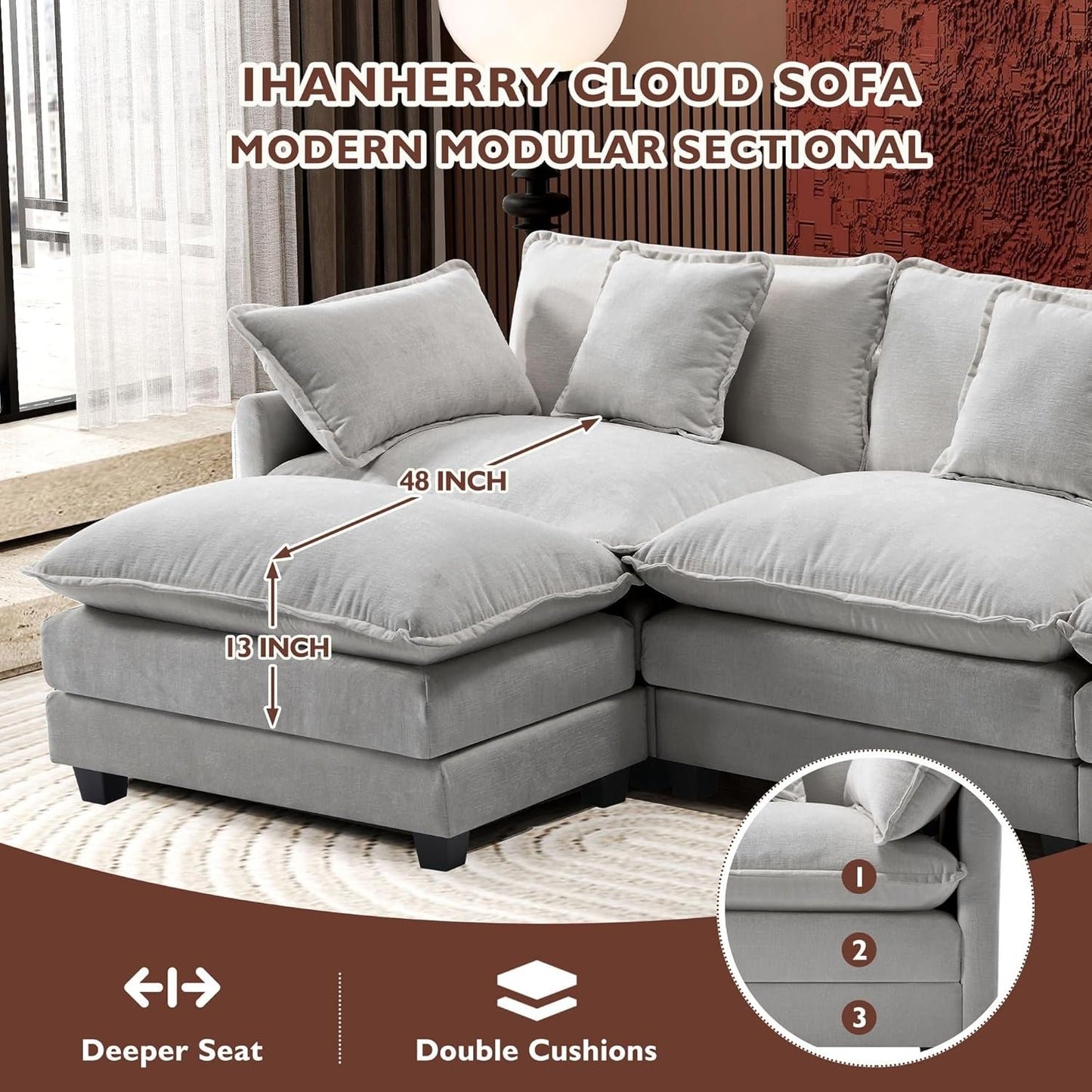 111 Inch L Shaped Modern Glam Sofa Sectional With Ottoman Cloud Foam Cushions Grey Chenille-2