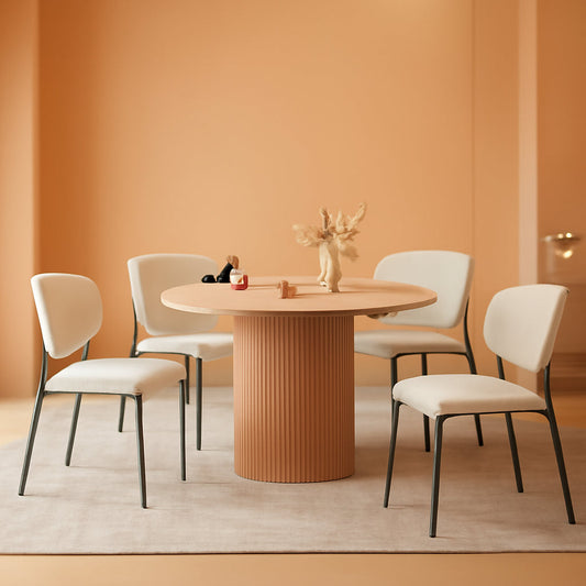 47 Inch Round Dining Table Set Beige Oak Boucle Padded Seating-0