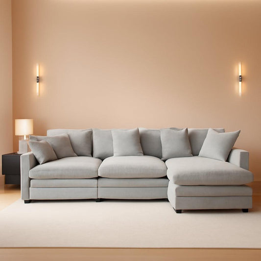 111 Inch L Shaped Modern Glam Sofa Sectional With Ottoman Cloud Foam Cushions Grey Chenille-0