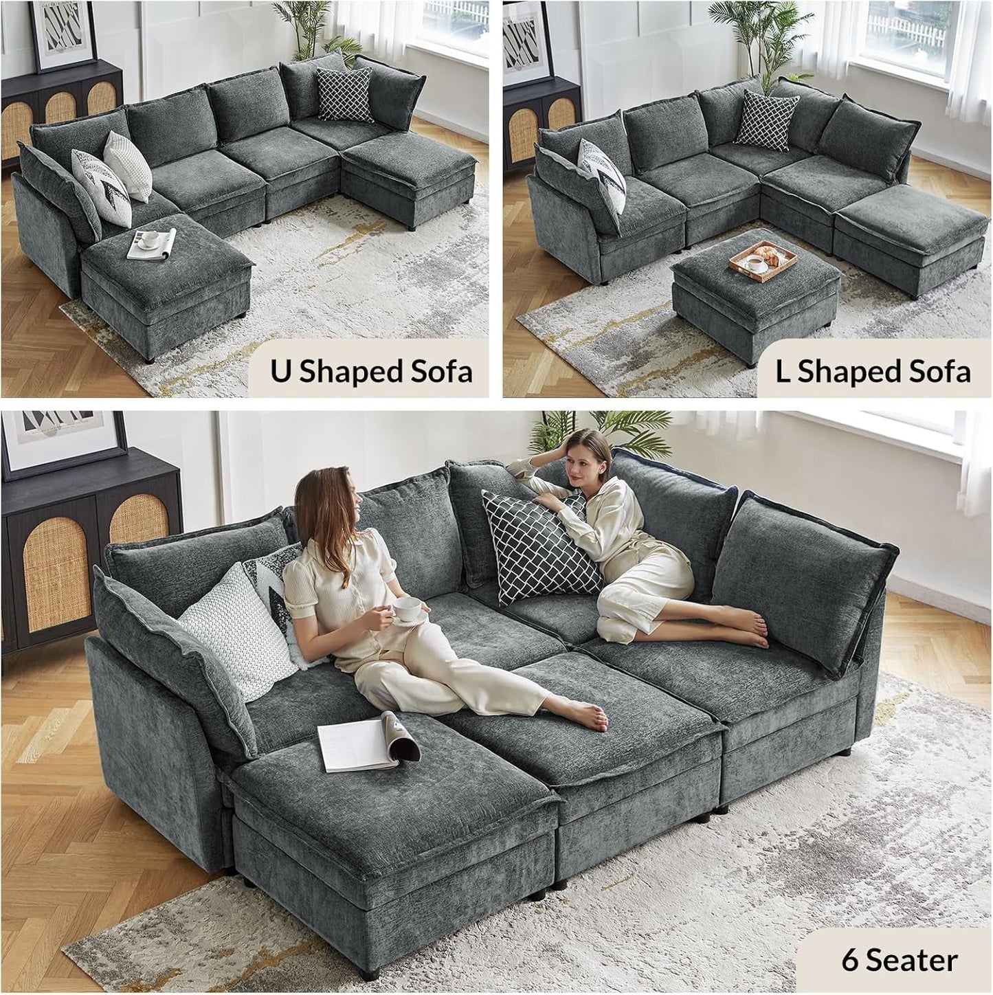 127 Inch Grey Modular Sectional Sofa With Storage Ottoman-2