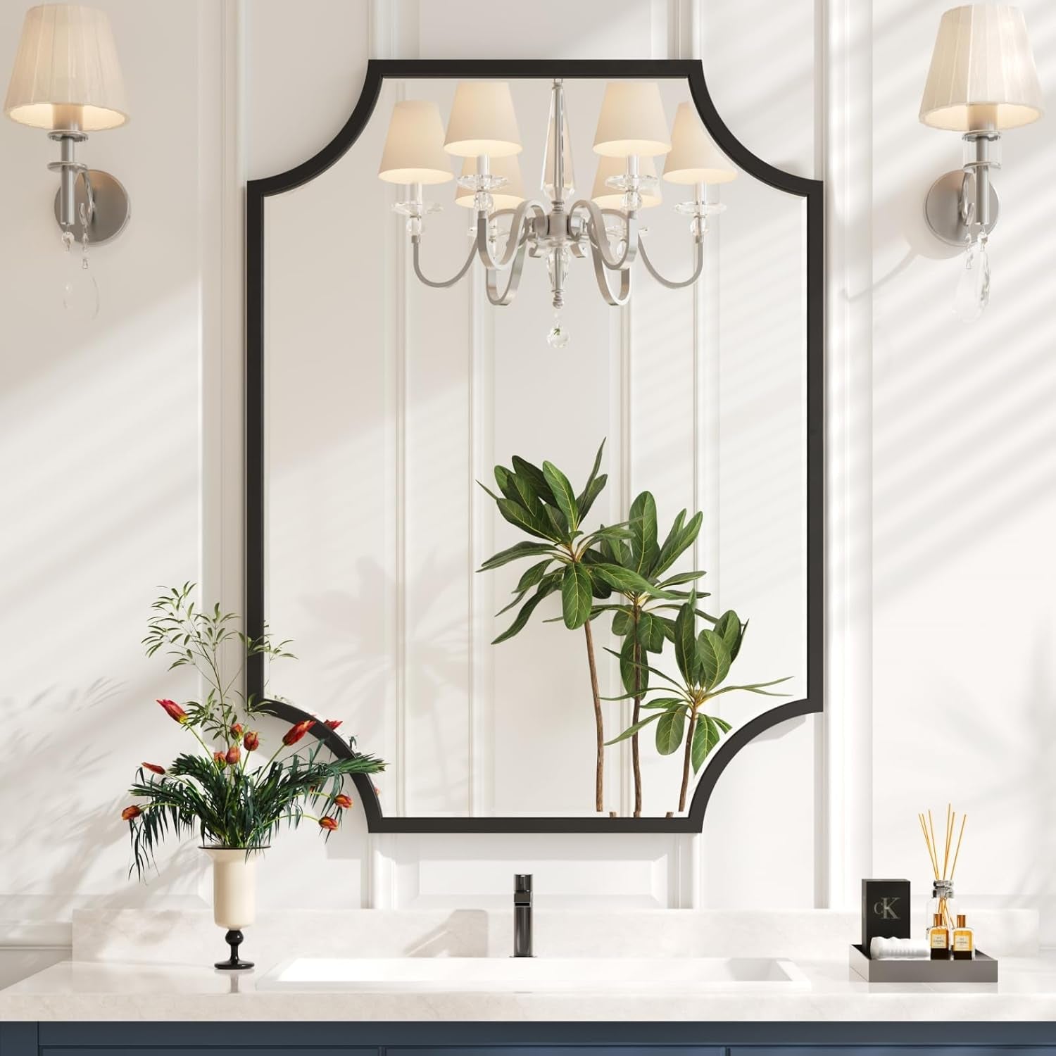 30x40 Black Bathroom Mirror With Gold Scalloped Frame-1