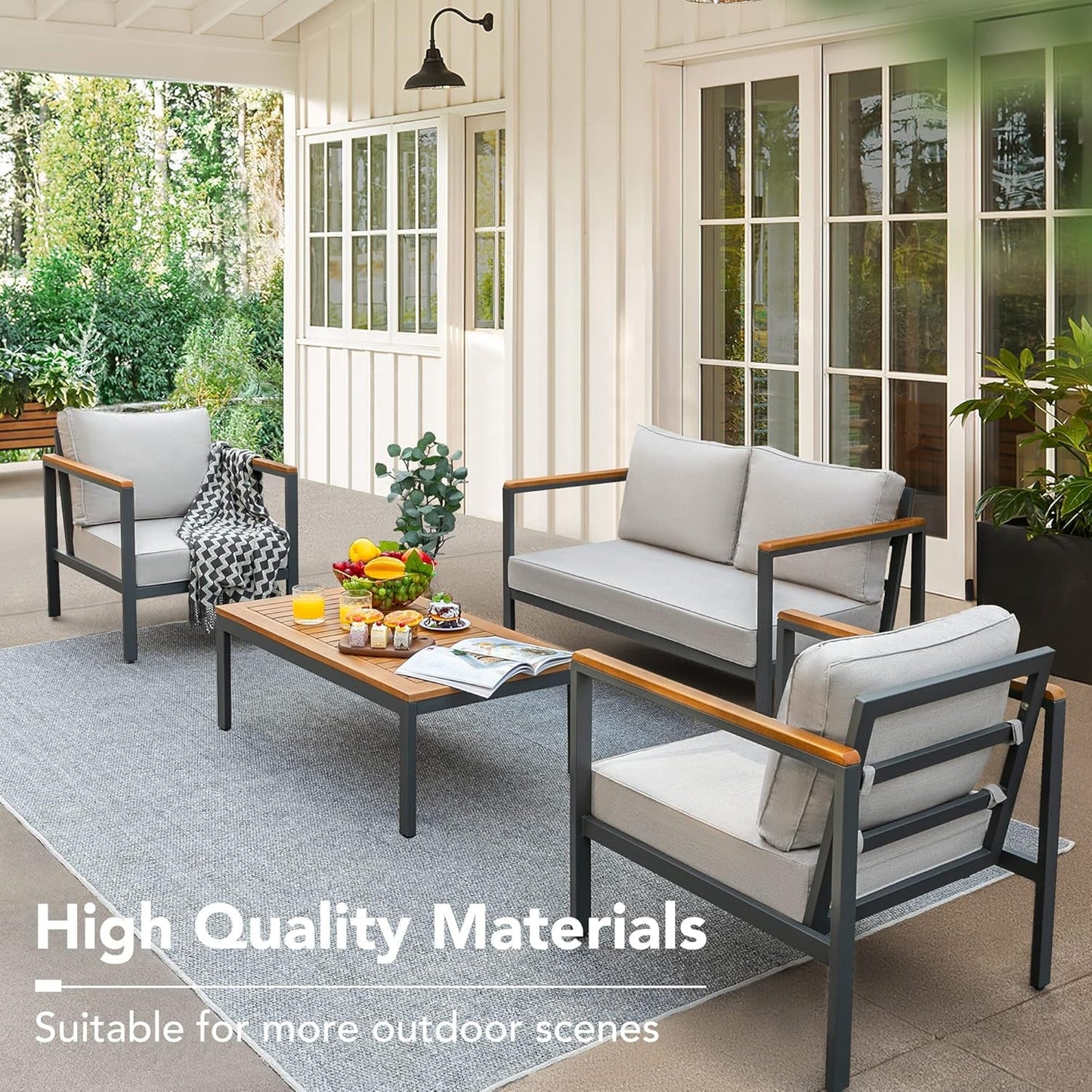 4 Piece Outdoor Patio Set Acacia Wood Sofa and Table-2