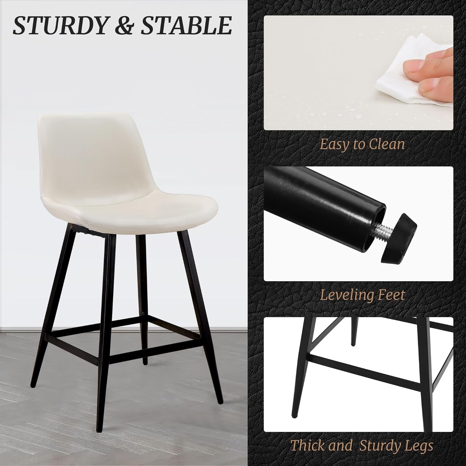 24 Inch Faux Leather Bar Stool Set of 3 With Back and Footrest, Antique White for Kitchen Island-4