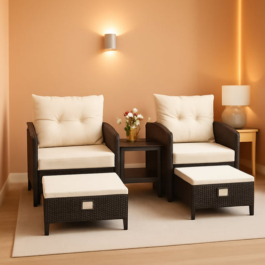 5 Piece Beige Rattan Patio Furniture Set With Ottomans And Coffee Table-0