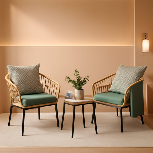 3 Piece Outdoor Patio Furniture Set With Conversation Bistro Tempered Coffee Table And Green Wicker Chairs-0