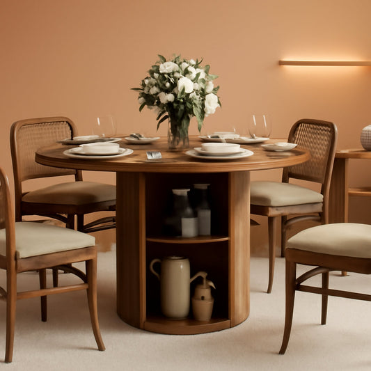 47 Inch Round Dining Table With Walnut Finish And Two Layer Storage Shelf-0