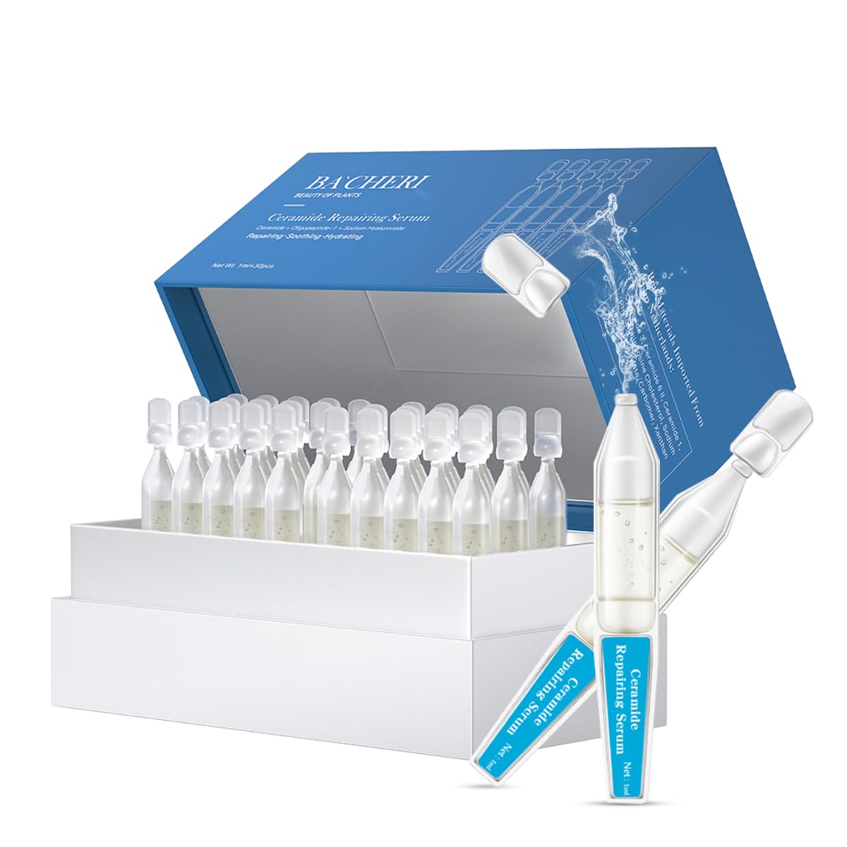 BACHERI Ceramide Ampoule Serum with Hyaluronic Acid Peptide Hydrating & Anti Aging Serum Skin Barrier Repair Face Serum for Dry and Sensitive Skin 30 Pcs/Box