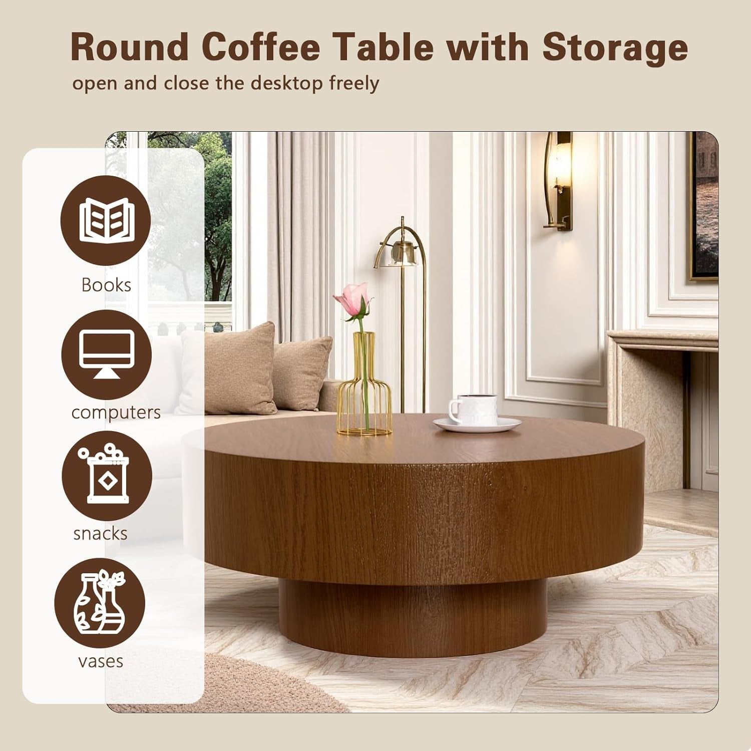 30.5Inch Circular Fluted Drum Coffee Table With Storage-3