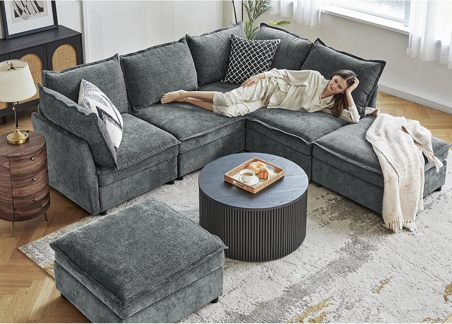 127 Inch Grey Modular Sectional Sofa With Storage Ottoman-3