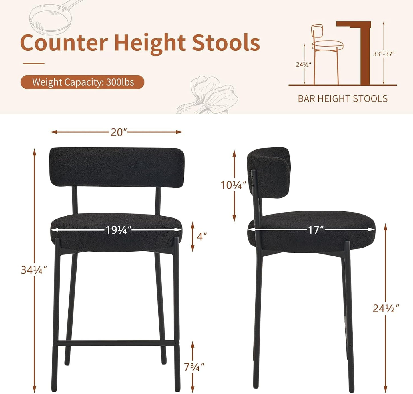 24 Inch Bar Stools Set of 2 Boucle Upholstered Curved Back-1